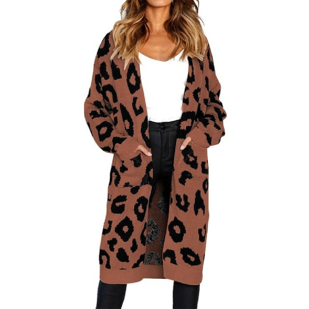 Ladies Grobtricot Cardigan with leopard pattern and big pockets Lune London