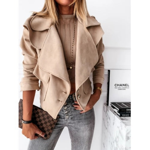 Ladies Elegant Suede Jacket with Asymmetrical Collar and Chic Decorative Button Details and Style