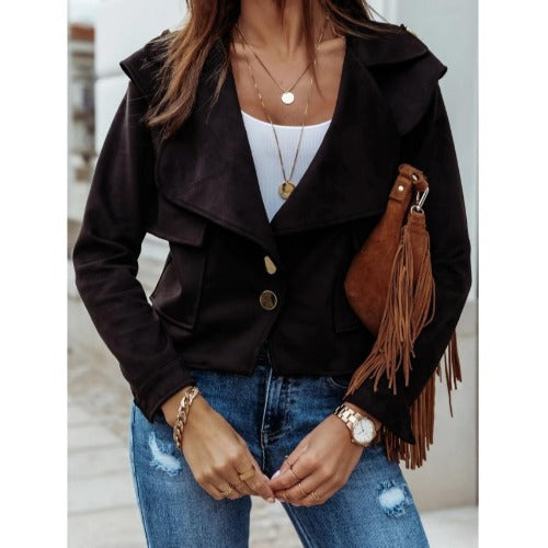 Ladies Elegant Suede Jacket with Asymmetrical Collar and Chic Decorative Button Details and Style