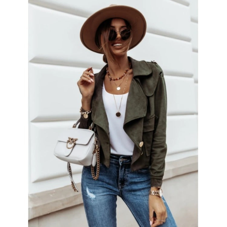 Ladies Elegant Suede Jacket with Asymmetrical Collar and Chic Decorative Button Details and Style