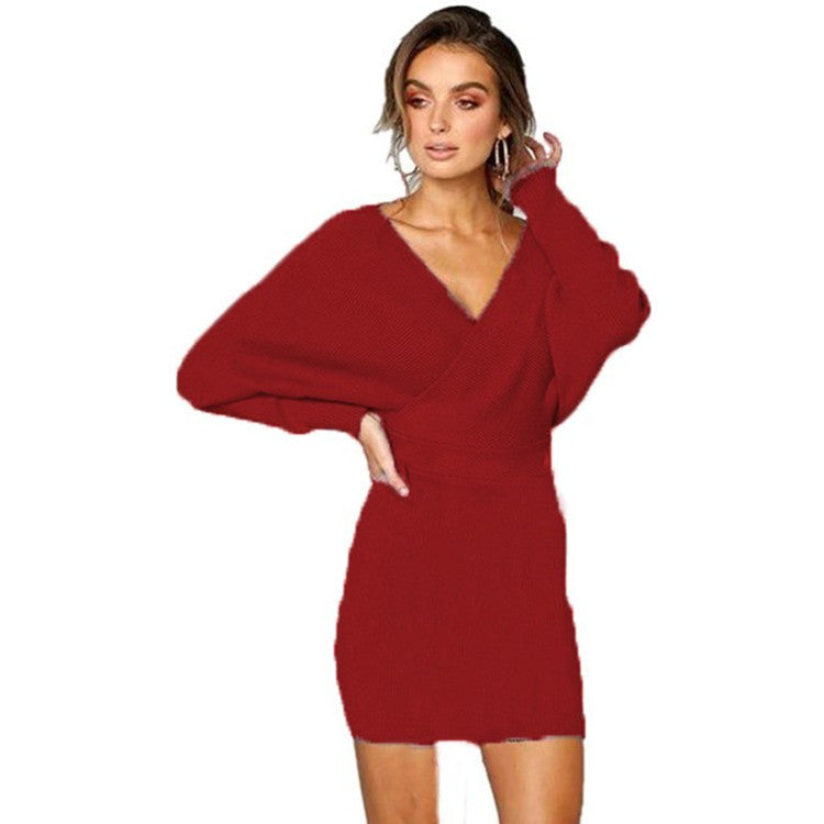 Knit dress for women with deep V-neck and oversized sleeves Lune London