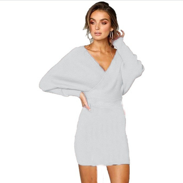 Knit dress for women with deep V-neck and oversized sleeves Lune London