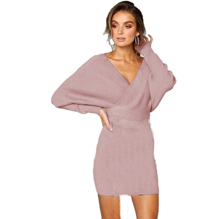 Knit dress for women with deep V-neck and oversized sleeves Lune London