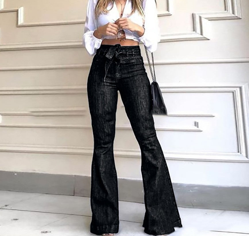 Women's High-Cut Flared Jeans with Stylish Belt and Frayed Hem Lune London