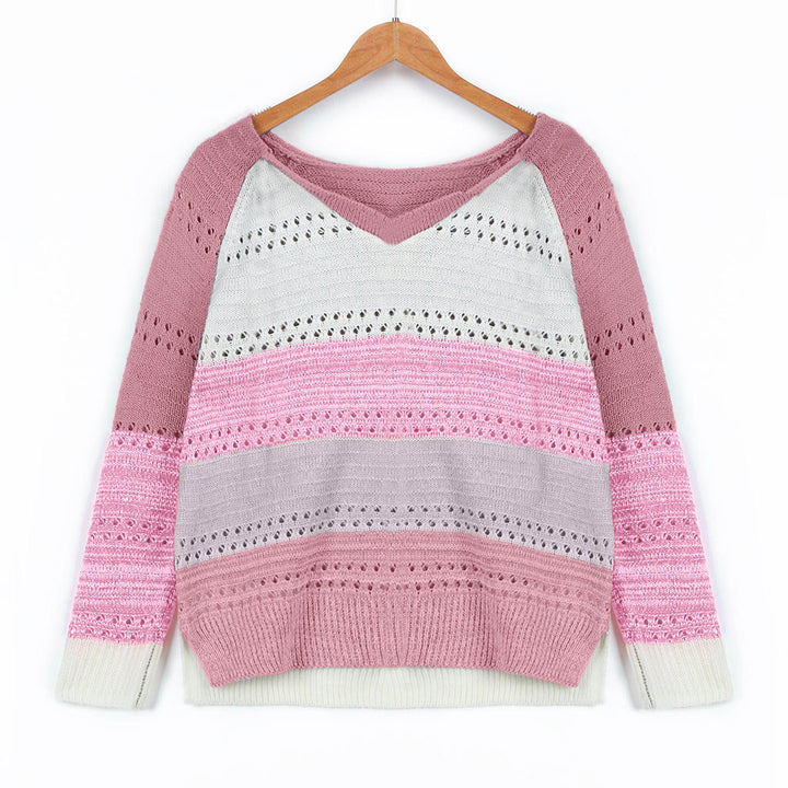 Knitted sweater for ladies with V-neck and delicate openwork patterns Lune London