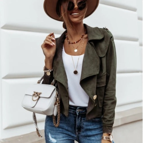 Ladies Elegant Suede Jacket with Asymmetrical Collar and Chic Decorative Button Details and Style