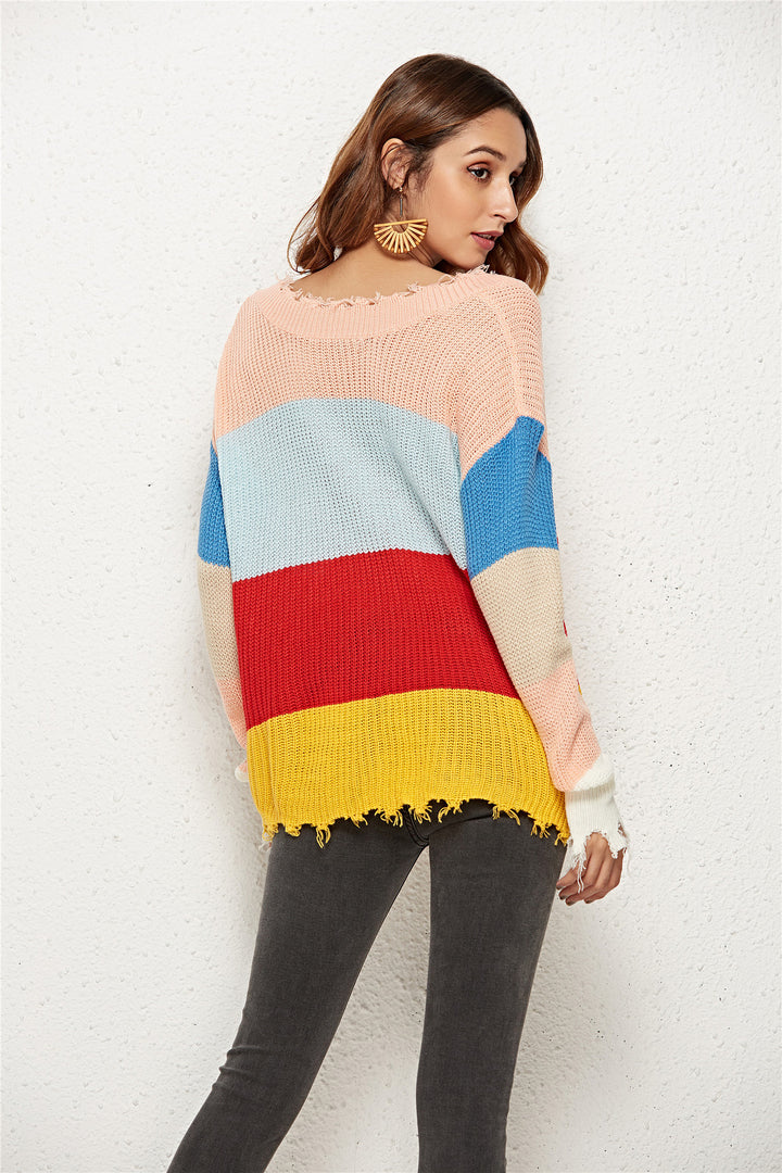 Pull en tricot décontracté pour femmes avec un profond col en V et un motif rayé tendance Chic & Stil