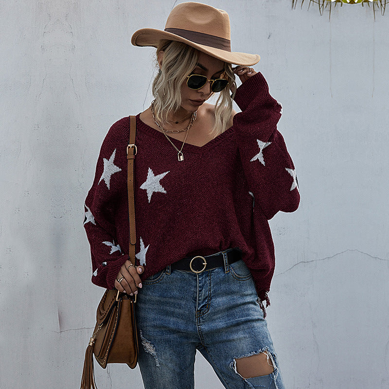 Sweater oversize pour femmes avec motif étoilé et décolleté en V profond Chic & Stil