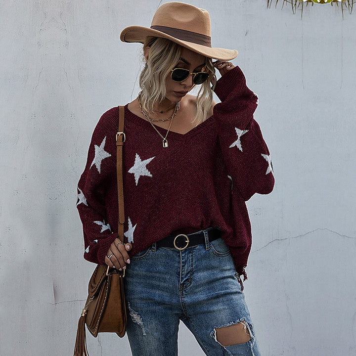 Sweater oversize pour femmes avec motif étoilé et décolleté en V profond Chic & Stil