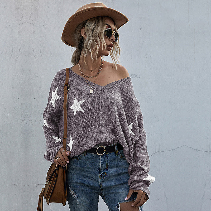 Sweater oversize pour femmes avec motif étoilé et décolleté en V profond Chic & Stil