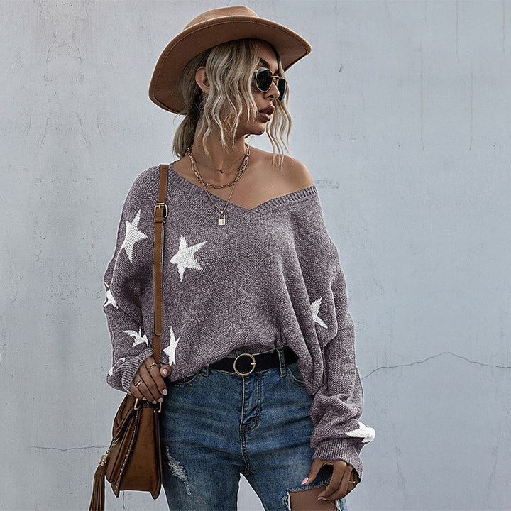 Sweater oversize pour femmes avec motif étoilé et décolleté en V profond Chic & Stil