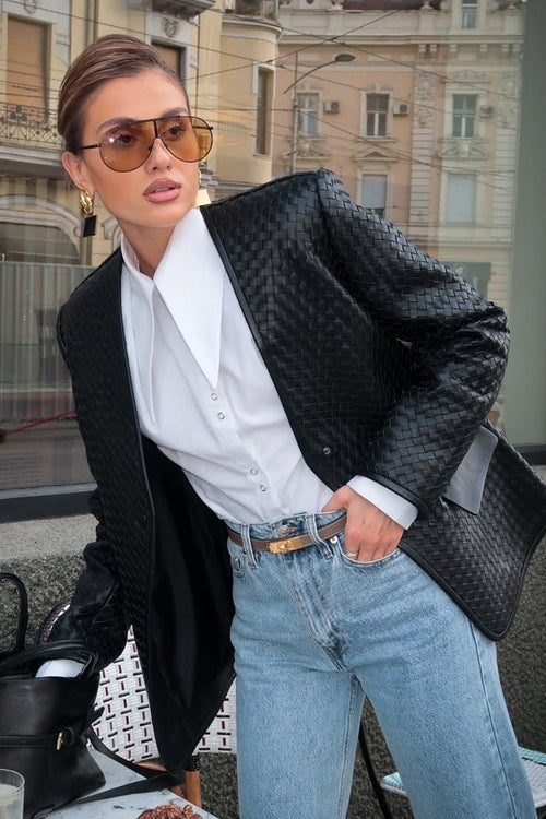 Lune London | Neck Woven Leather Long Sleeve Jacket