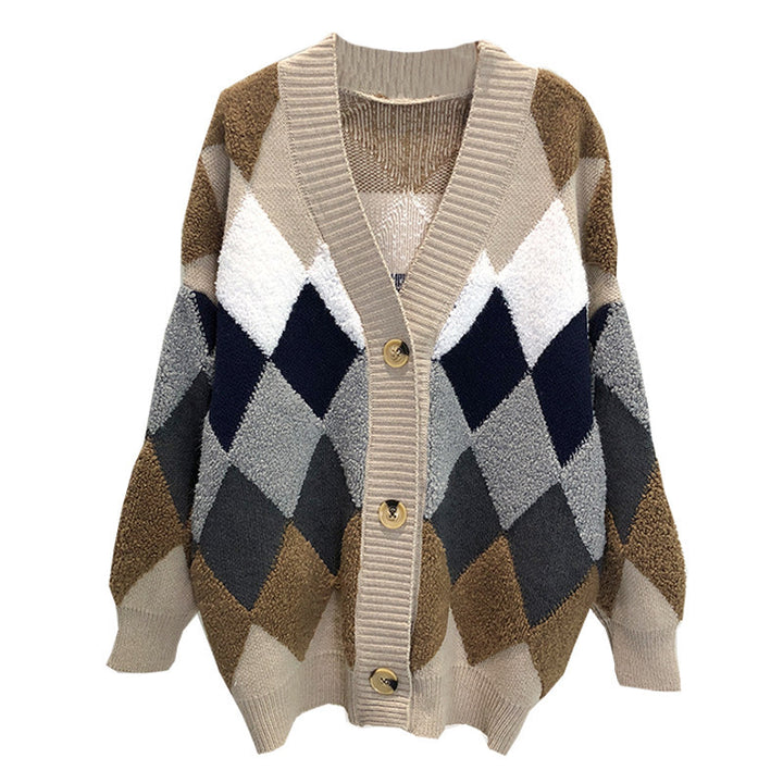 Cardigan en tricot épais pour femmes avec motif en losange décoratif et coupe confortable Chic & Stil