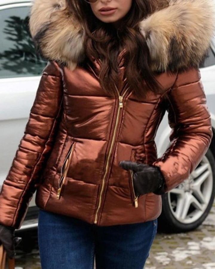 Ladies Fashion Quilted Jacket with Faux Fur Collar Lune London