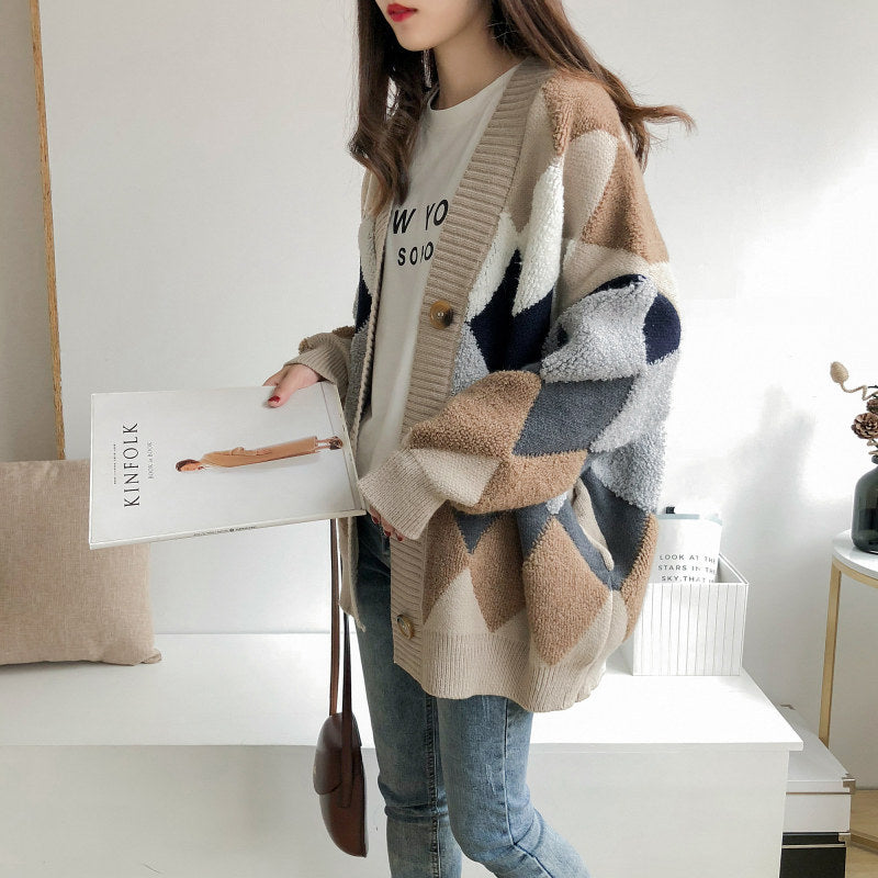 Cardigan en tricot épais pour femmes avec motif en losange décoratif et coupe confortable Chic & Stil