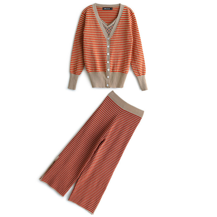Modern knit set for women with deep V-neck and decorative buttons Lune London