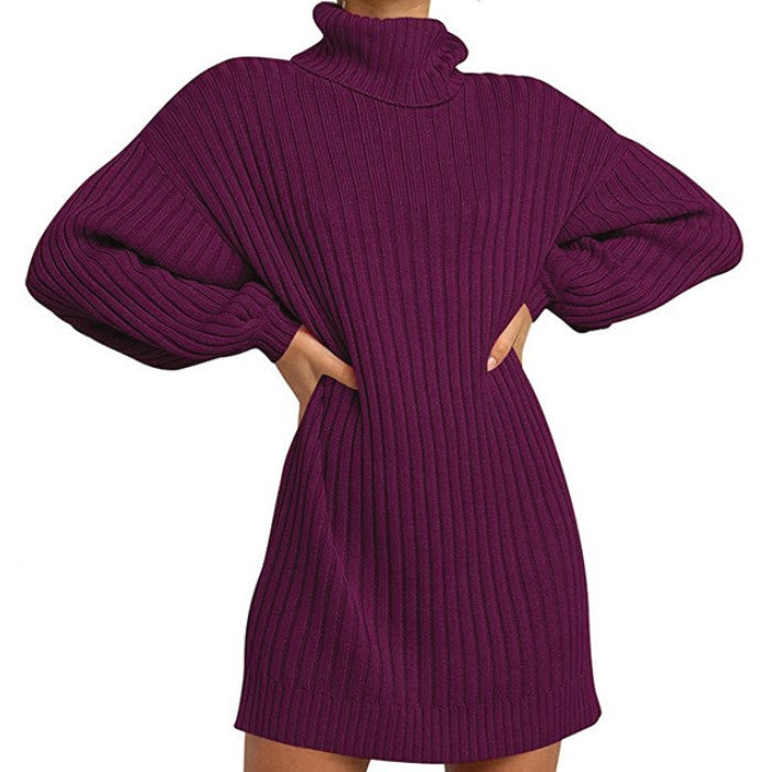 Chunky knit dress for women with high collar and dropped shoulders Lune London