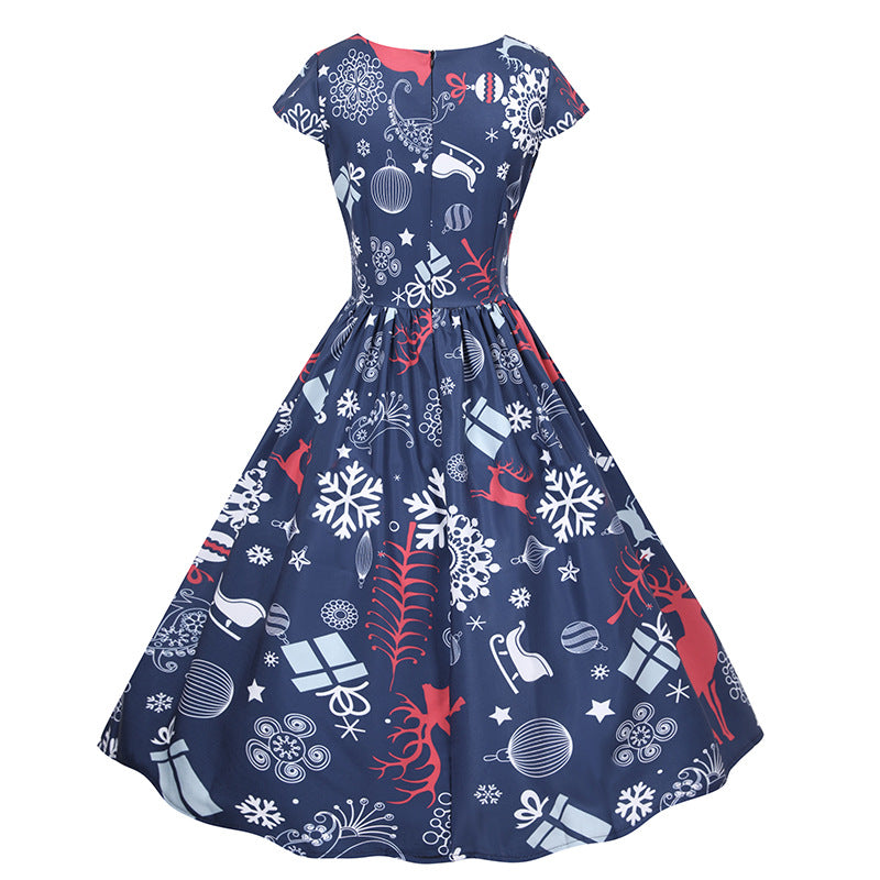 Robe de Noël rétro pour femmes avec jupe évasée et imprimé imaginatif Chic & Stil