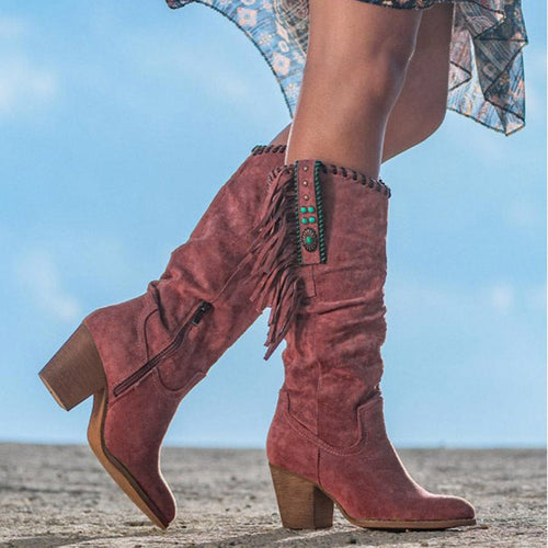 Lune London | knee-high boots - synthetic suede - fringes and studs - western style - block heel