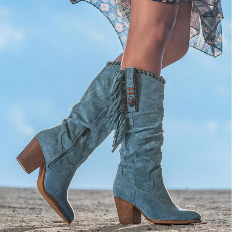 Lune London | knee-high boots - synthetic suede - fringes and studs - western style - block heel