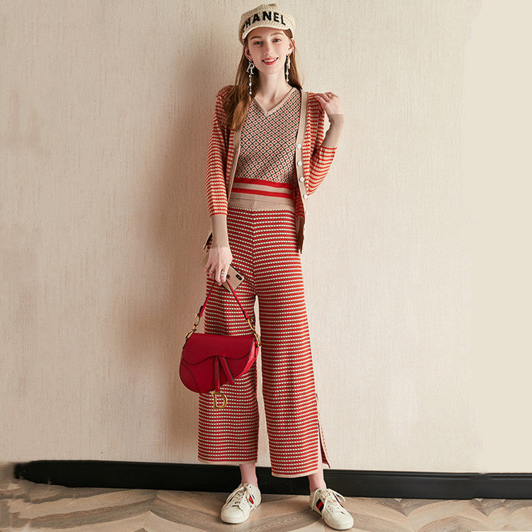 Modern knit set for women with deep V-neck and decorative buttons Lune London