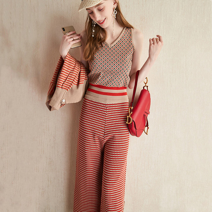 Modern knit set for women with deep V-neck and decorative buttons Lune London