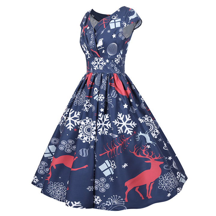 Robe de Noël rétro pour femmes avec jupe évasée et imprimé imaginatif Chic & Stil