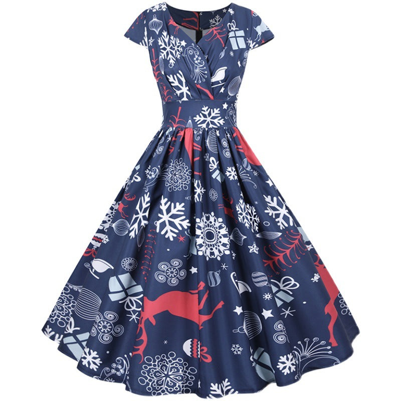 Robe de Noël rétro pour femmes avec jupe évasée et imprimé imaginatif Chic & Stil