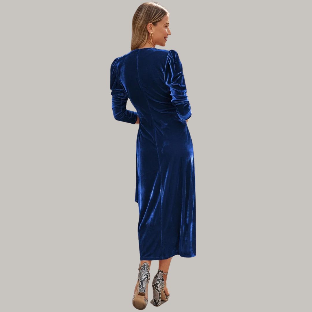 Lune London | Midi wrap dress in velvet with puff sleeves
