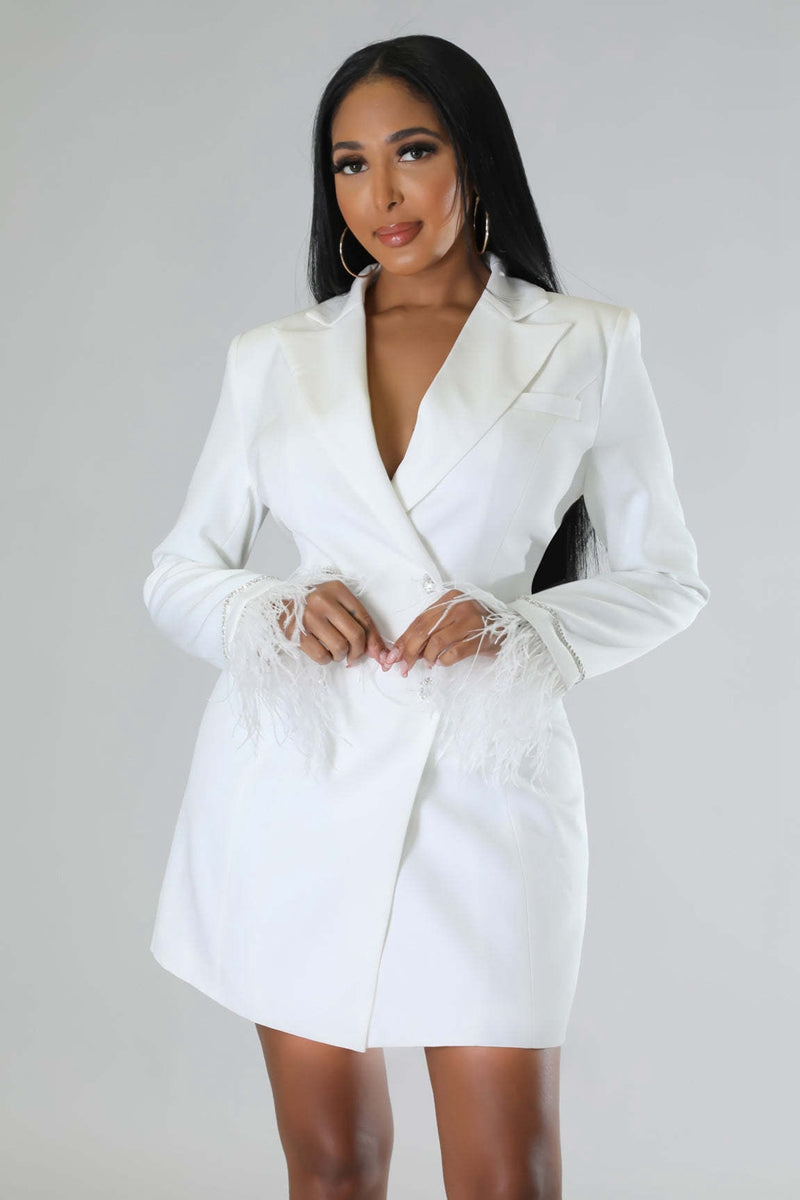Lune London | White Blazer Dress with Feathered Sleeves