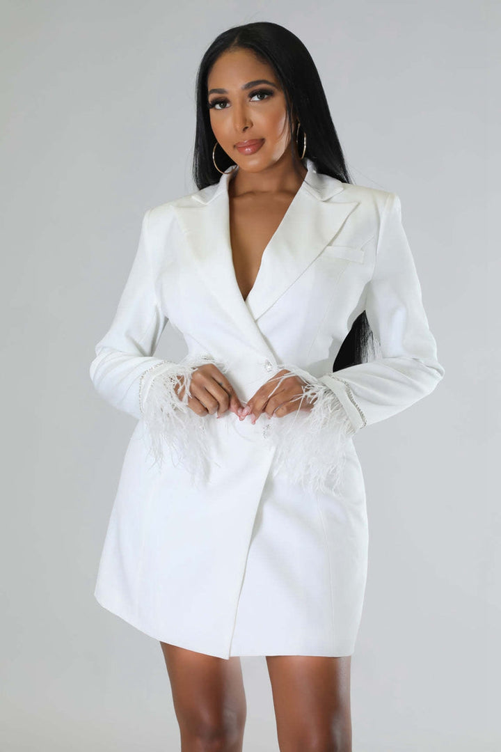 Lune London | White Blazer Dress with Feathered Sleeves