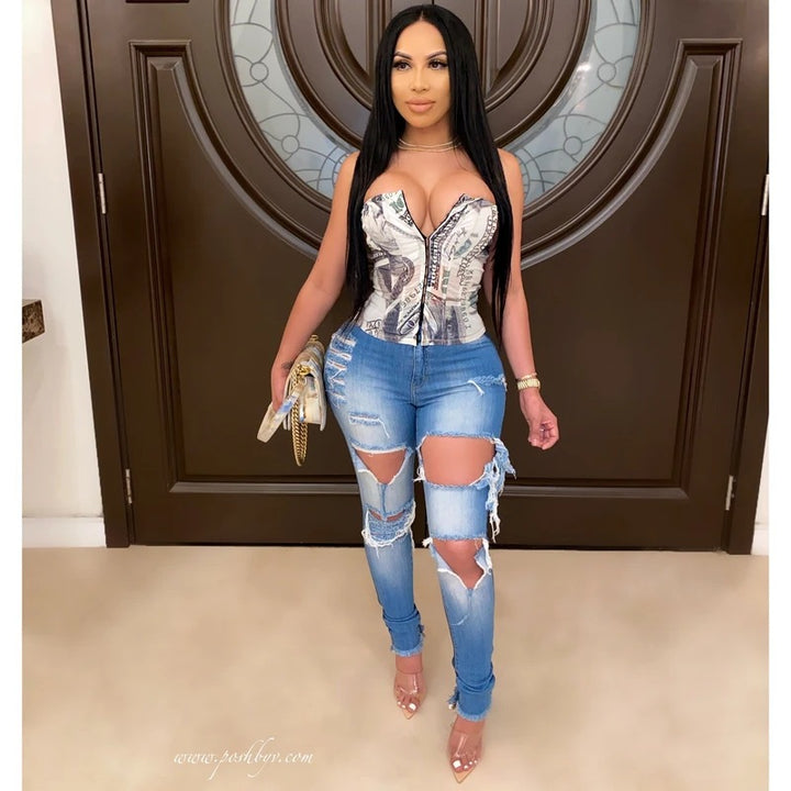 Jeans skinny pour femmes avec look détruit à la mode et taille haute Chic & Stil
