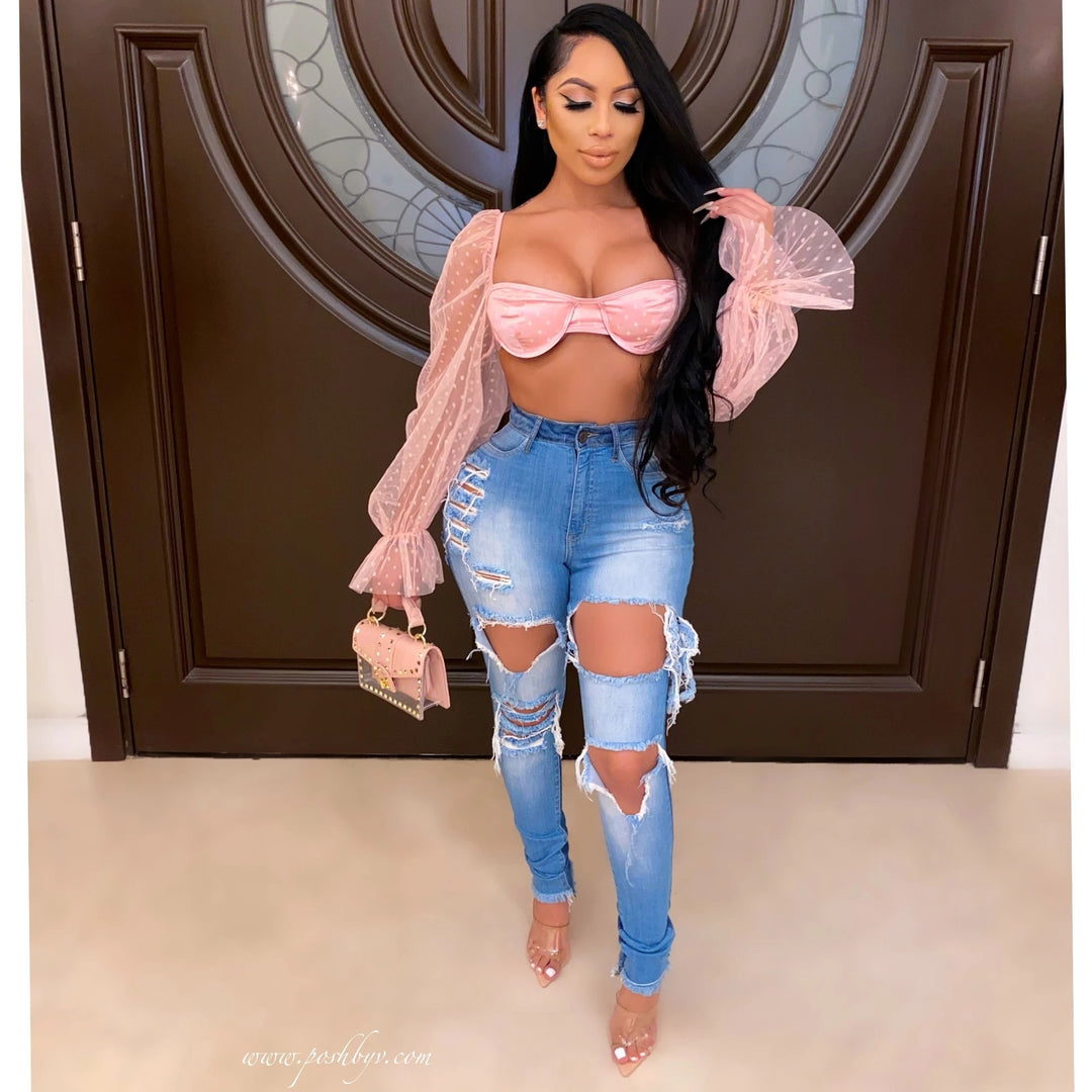 Jeans skinny pour femmes avec look détruit à la mode et taille haute Chic & Stil