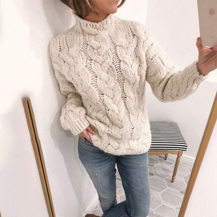 Pull en tricot pour femmes avec un motif de câble extravagant et un col haut Chic & Stil