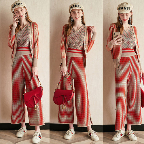 Modern knit set for women with deep V-neck and decorative buttons Lune London