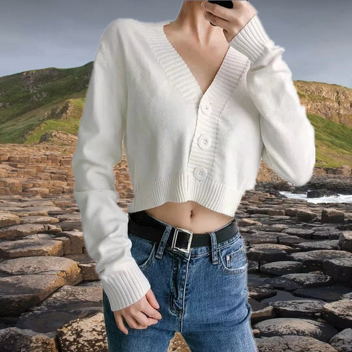 Ladies short knitted vest with V-neck and button details Lune London