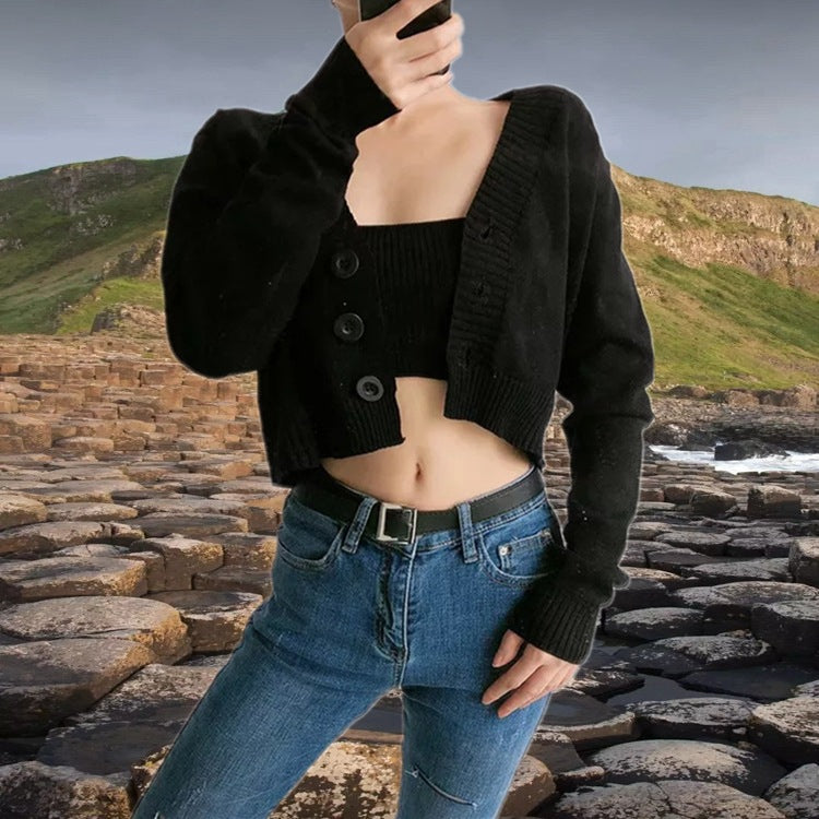 Ladies short knitted vest with V-neck and button details Lune London