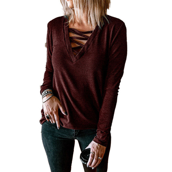 Long sleeve women's blouse with V-neck and decorative lace design Lune London