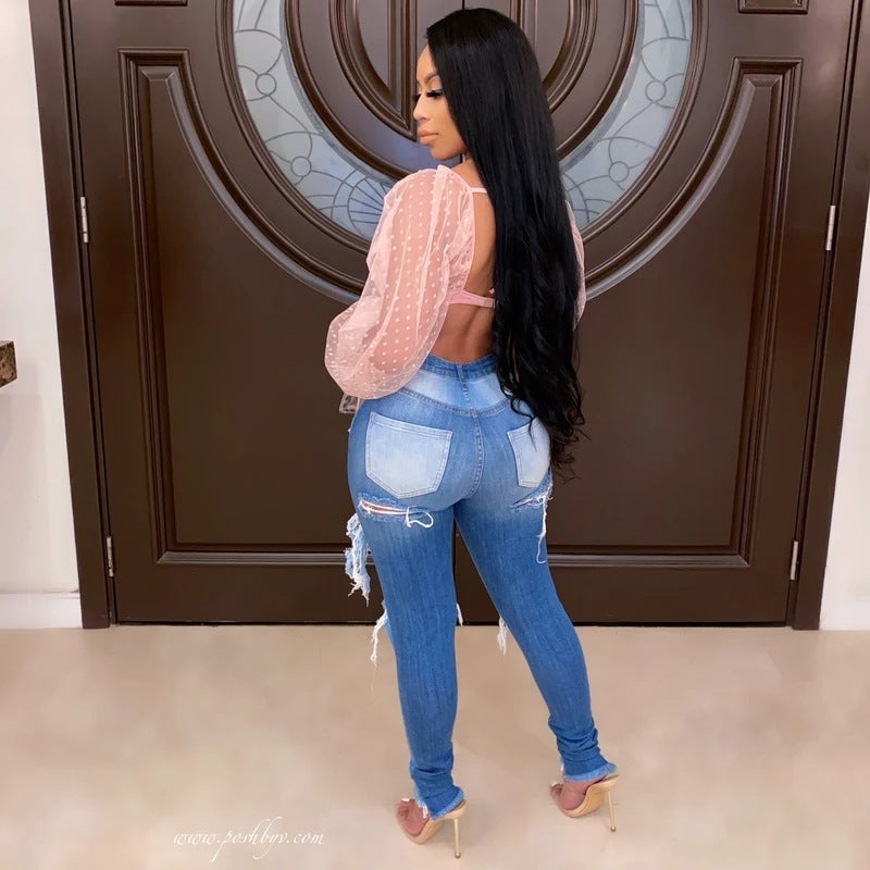 Jeans skinny pour femmes avec look détruit à la mode et taille haute Chic & Stil