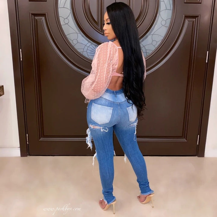 Jeans skinny pour femmes avec look détruit à la mode et taille haute Chic & Stil