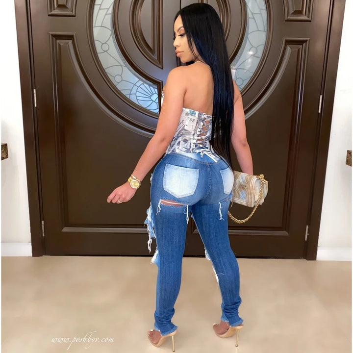 Jeans skinny pour femmes avec look détruit à la mode et taille haute Chic & Stil