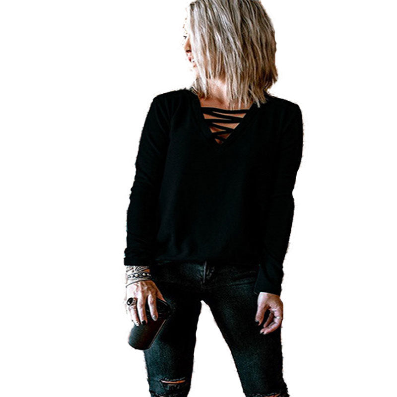 Long sleeve women's blouse with V-neck and decorative lace design Lune London