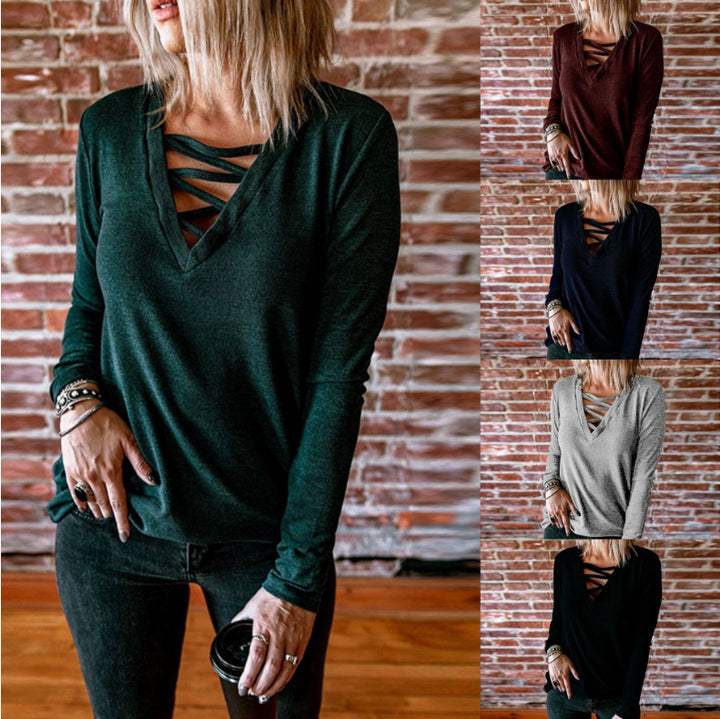 Long sleeve women's blouse with V-neck and decorative lace design Lune London