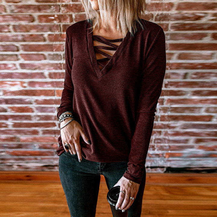 Long sleeve women's blouse with V-neck and decorative lace design Lune London