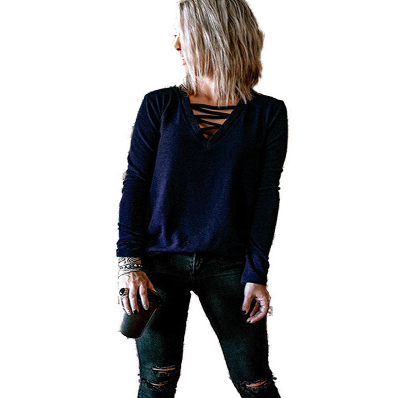 Long sleeve women's blouse with V-neck and decorative lace design Lune London