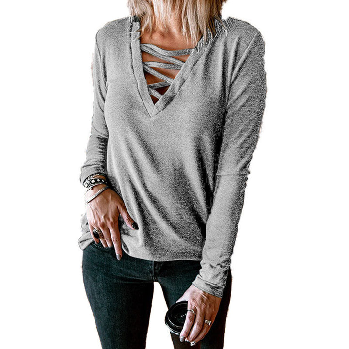 Long sleeve women's blouse with V-neck and decorative lace design Lune London
