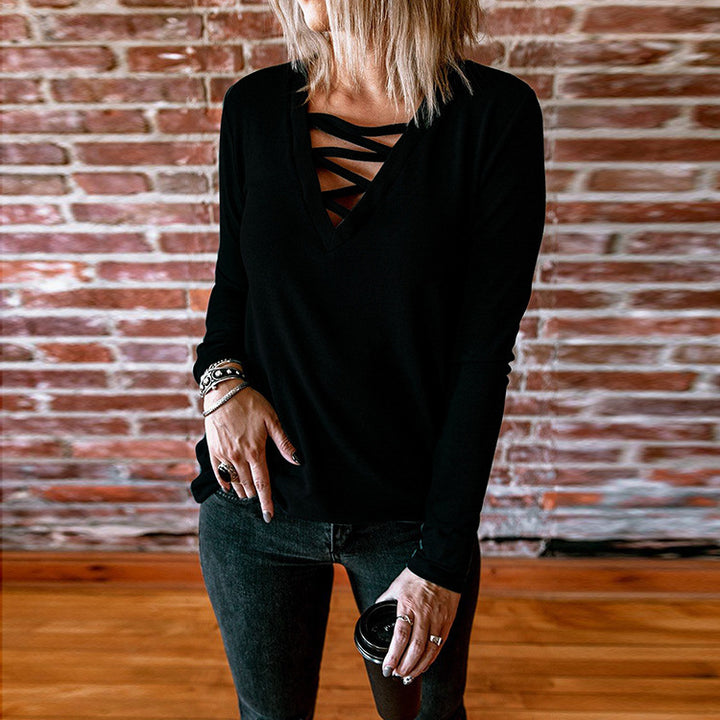Long sleeve women's blouse with V-neck and decorative lace design Lune London