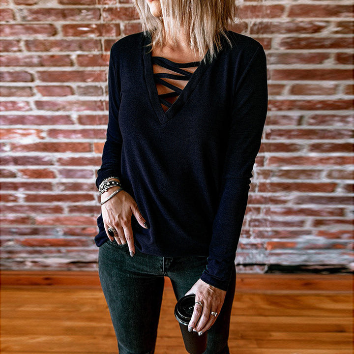 Long sleeve women's blouse with V-neck and decorative lace design Lune London