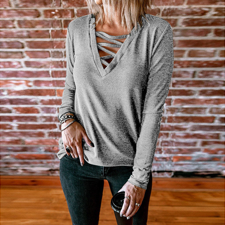 Long sleeve women's blouse with V-neck and decorative lace design Lune London