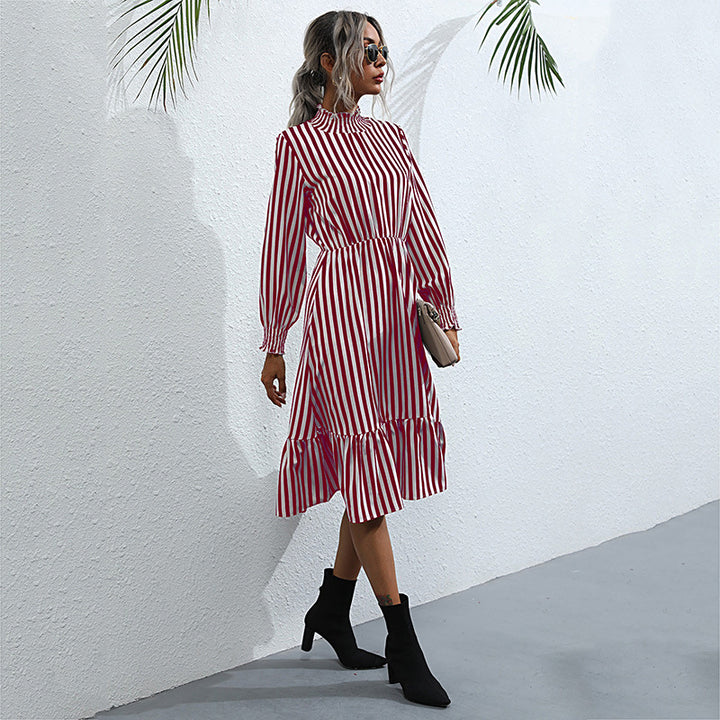 Lune London striped tiered midi dress for women with long sleeves and high collar